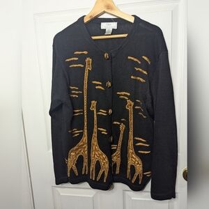 Vintage Womens Sweater Black Giraffes Cardigan Black Long Sleeve Size Large Top